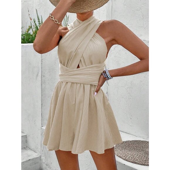 Women Apricot Casual And Simple Pleated  Backless Tied Summer Halter Jumpsuit - Picture 2 of 6